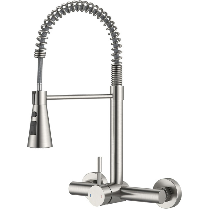 Змішувач кухонний настінний DAYONE з висувною лійкою, нержавіюча сталь, 3 режими, 360° обертання, відстань між отворами 15 см, матовий