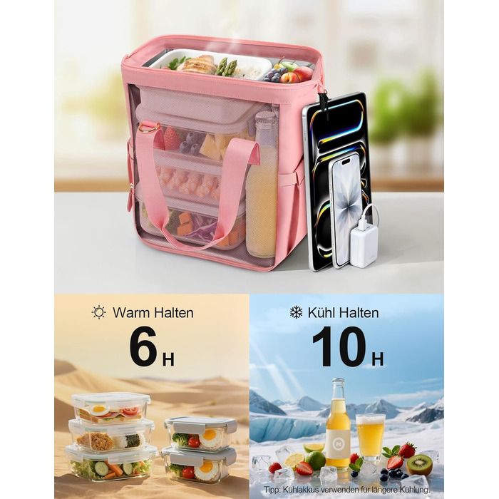Сумка-холодильник 20 л, рожева: ізольована сумка-ланчбокс з PEVA-підкладкою, кілька відділень та плечовим ременем для роботи, школи, авто, пікніка