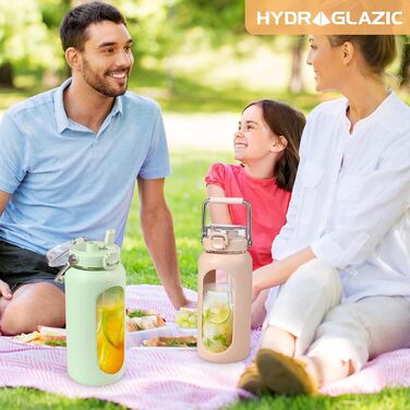 1900ml Glass Drinking Bottle with Straw and Stainless Steel Handle, Glass Water Bottle with Silicone Sleeve and Time Marker, Monitoring Your Daily Water Bottle 2 Liter, Light Green