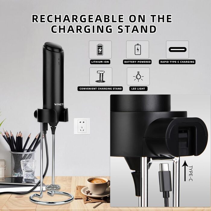 Електричний піноутворювач для молока WINETELL, USB-C, для лате, какао, матча, перезаряджається