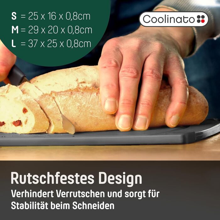 Набір кухонних дощок Coolinato з пластику сірого кольору (3 шт.) S/M/L – антибактеріальні, з жолобом для соку, неслизькі, з ручкою. 3 розміри для гігієнічного розділення. Набори кухонних дощок сірого кольору, розміри S, M та L, придатні для миття в посудо