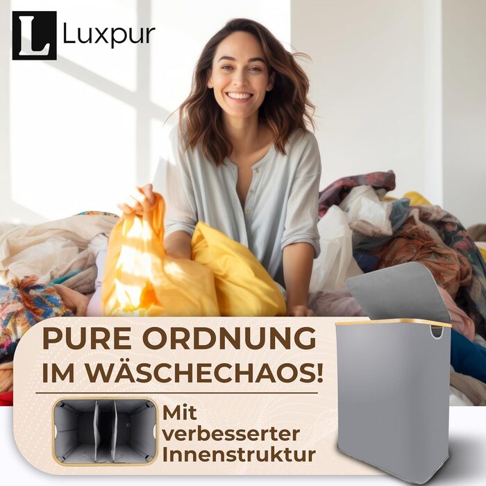 Luxpur® кошик для білизни XXL з кришкою, 3 секції, бамбук, складаний органайзер для сортування білизни