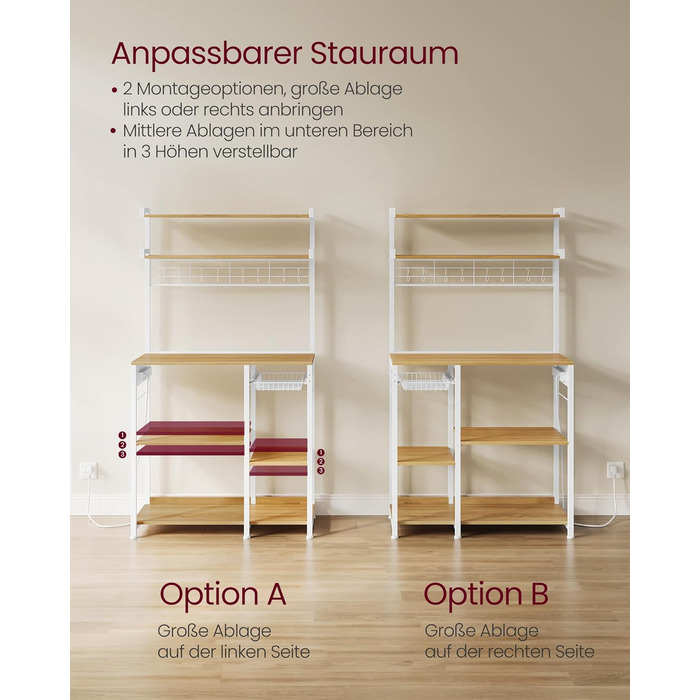 Полиця кухонна VASAGLE з розетками, стелаж для мікрохвильовки, 8 гачків S-подібної форми, кухонний шафчик, органайзер для спецій, 40 x 90 x 165,5 см, коричневий вінтаж та чорний, KKS031K11