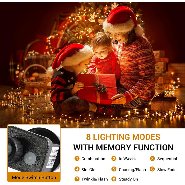 Гірлянда світлодіодна зовнішня 100 метрів, 1000 LED, теплий білий колір, для декору на Різдво, водонепроникна IP44, 8 режимів, для дому, вечірки, ялинки, балкону, тераси