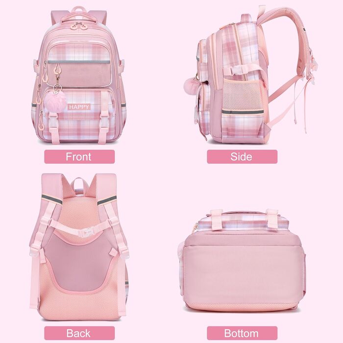 Шкільний рюкзак для дівчаток з візерунком, дихаючий та водовідштовхуючий рюкзак для 1-5 класів, Рожевий-01