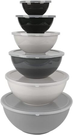 Набір місок для перемішування BoxedHome з кришками, 12 штук. Пластикові салатники з неслизьким дном, набір для кухні (6 місок та 6 кришок, сірий градієнт)