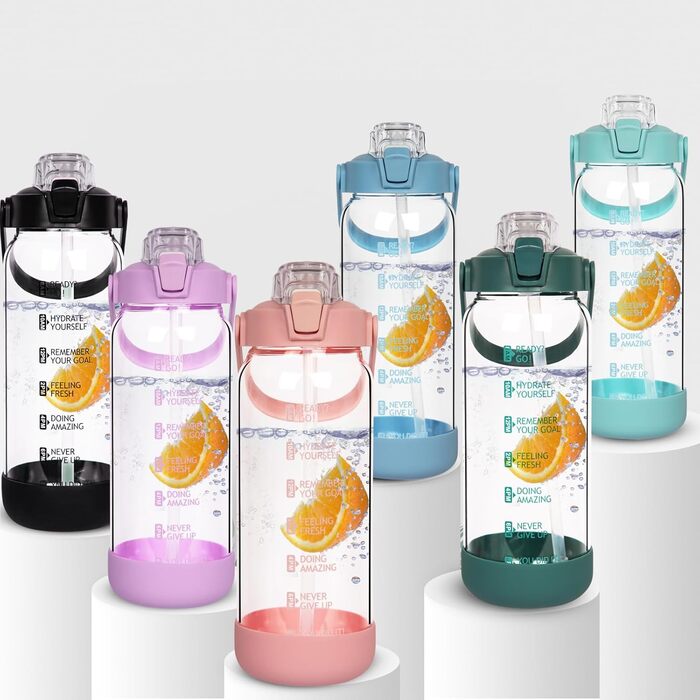 2L Glass Bottle | Glass Drinking Bottle with Straw & Time Marker, Leak-Proof 2 Liter Large Glass Water Bottle for Smoothies, Carbonated Drinks Suitable, Dishwasher Safe