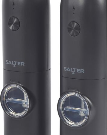 Набір електричних мельниць для солі та перцю Salter - регульований ступінь помолу, прозорі вікна, кнопка, база для зберігання, USB-кабель, керамічний механізм, підсвічувана база