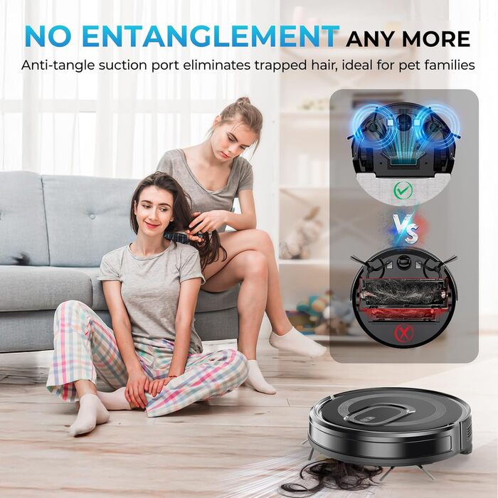 Робот-пилосос з функцією миття, 4200Pa, 130 хв роботи, для високих порогів, гладких поверхонь та тиха робота, система захисту від заплутування, керування через додаток/Alexa/Wi-Fi, для шерсті тварин, килимів та підлоги, чорний