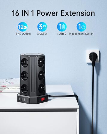 Смуга розподілу Sameriver на 12 розеток з кабелем 5м, 4 USB-порти, захист від перенапруги, чорний