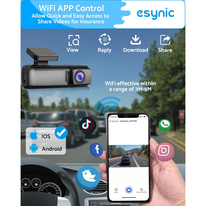 eSynic Міні відеореєстратор (Dashcam) Auto WiFi 1080P Full HD – 160° Широкий кут, Нічне бачення, G-сенсор, Паркувальний режим, Керування через App, WiFi, 32GB SD-карта в комплекті