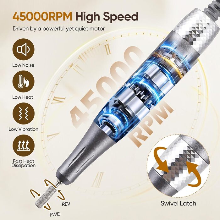 Електрична машинка для манікюру та педикюру з LCD-дисплеєм, 45000 об/хв, 56 шліфувальних стрічок, 11 свердл, USB-станція зарядки