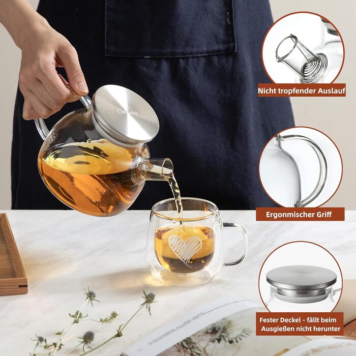 Скляна чайник CnGlass з ситечком, стійкий до плити, 900мл, з нержавіючою кришкою