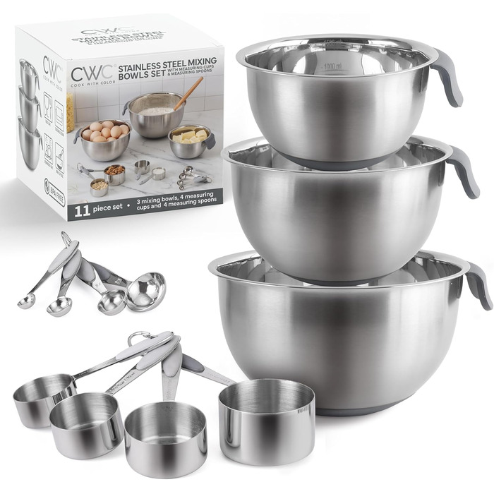 Набір місок для змішування Cook With Color з нержавіючої сталі та мірних стаканів, 11 шт (сірий)