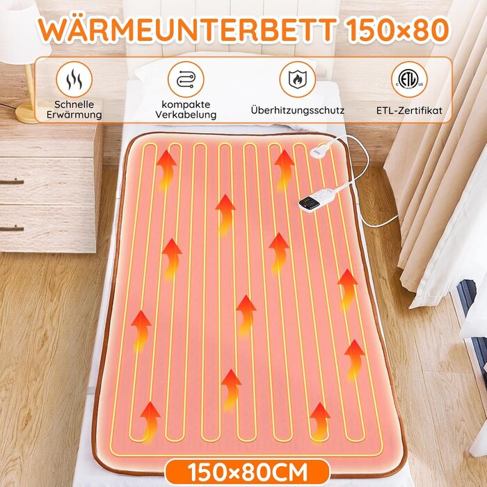 Електрична ковдра Mia&Coco з таймером та 3 рівнями нагріву, LED-дисплеєм та захистом від перегріву, 150x80 см