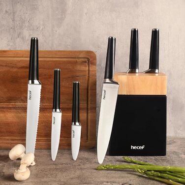 Набір ножів Hecef з підставкою 7 предметів, чорний – кухонні ножі з кованого нержавіючого сталевого леза, повний ергономічний руків'я з подвійним болстером, ергономічний дизайн, нагорода Red Dot Design Award, економія місця, ідеальний подарунок для кухні
