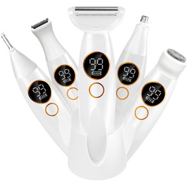 Електричний жіночий тример 5-в-1: для тіла, обличчя, брів та носа. Вологостійкий (IPX7) з USB-станцією.