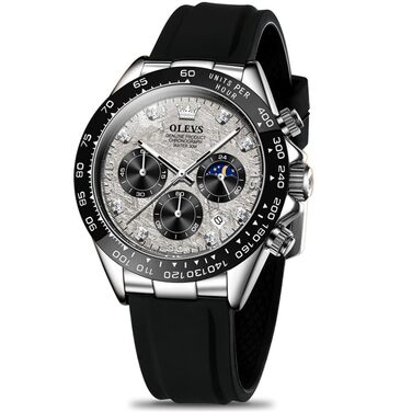 Чоловічий годинник OLEVS з хронографом, діамантами, календарем, водонепроникний (чорний ремінець, сірий циферблат)