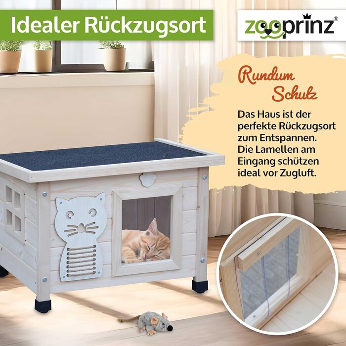 zooprinz Premium Wooden Cat House – Cat Box with Roof for Opening, Window and Swing Door – Sisal Scratching Band on the Cat Box – Weatherproof for Garden/Balcony – Indoor and Outdoor Shelter (Natural, Standard)