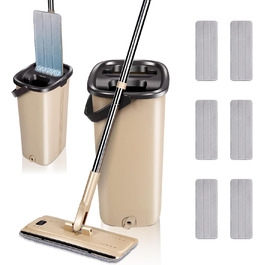 Набір для миття підлоги з відром, Masthome, компактний, з віджимом, 3 мікрофібрових насадок, нержавіюча сталь, 2 в 1, для дерев'яних, плиткових та мармурових підлог (Бежевий)