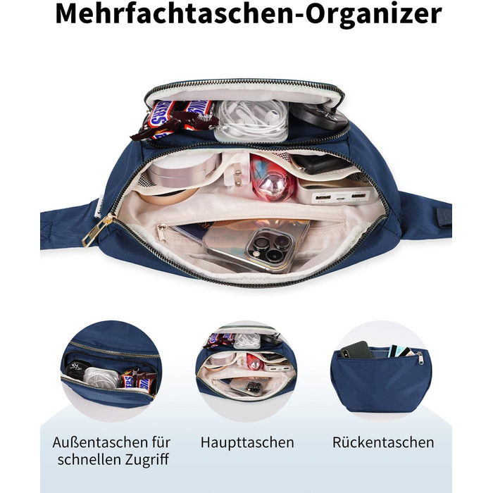 Чоловіча та жіноча бананка на пояс, стильна сумка-бананка з 4 кишенями на блискавці та регульованим ремінцем, ідеальна для подорожей та піших прогулянок (Запатентовано), колір: темно-синій