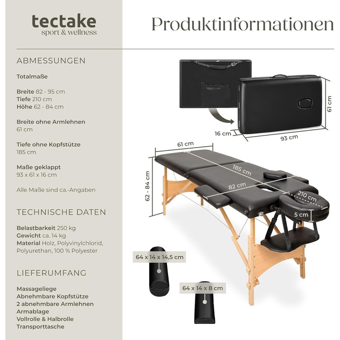 Масажне ліжко Tectake® складне з 2 зонами, портативне з 5 см підкладкою, регульоване по висоті, мобільне, з дерев'яними ніжками та аксесуарами (сумка, ролики для масажу, чорне)