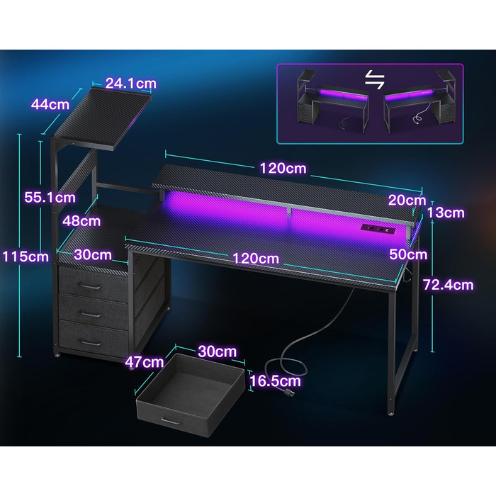 Ігровий стіл Coleshome з шухлядами, 151x50 см, з LED-підсвічуванням та розеткою, стіл для комп'ютера з полицями та підставкою для монітора, карбонове волокно, чорний