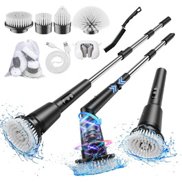 Electric Cleaning Brush, 12-in-1 Electric Spin Scrubber Cordless with 8 Replaceable Brush Heads, Electric Scrub Brush with Adjustable Handle for Bathroom, Kitchen, Tiles, Floors, Car (White) (8 in 1, Black)