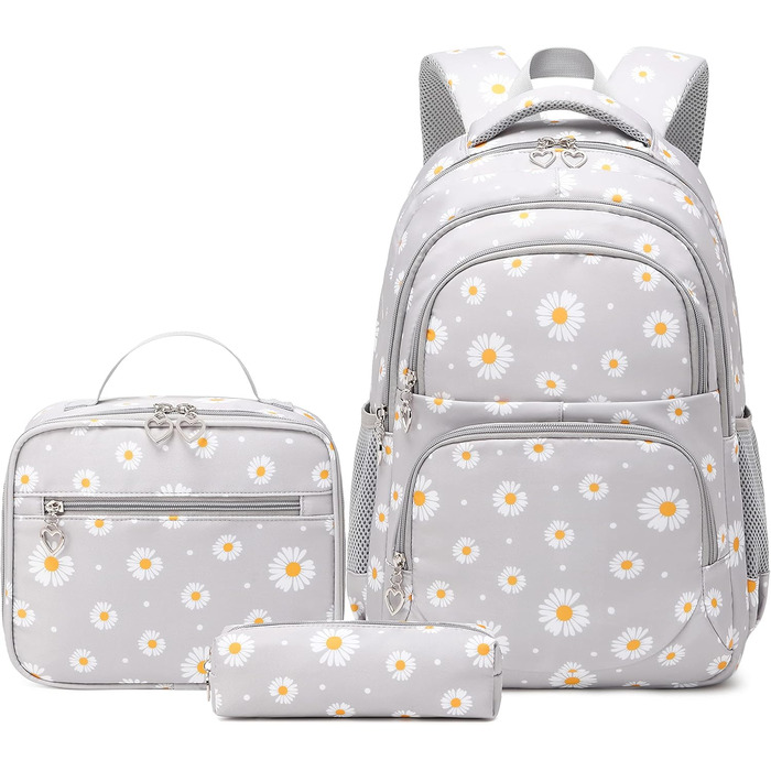 Шкільний рюкзак для дівчаток-підлітків, вінтажний рюкзак-сет, квітковий дизайн, рюкзак для ноутбука, шкільні сумки для жінок, школа, подорожі, з ланч-пакетом та пеналом 3 в 1, сірий