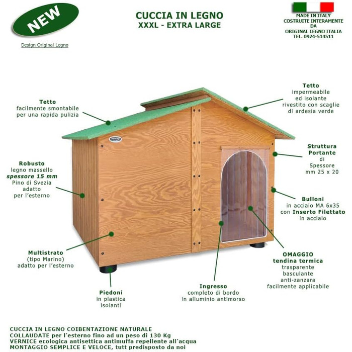 Будка для собак LEGNO Oasi XXXL з масивного дерева, термозавіса, Made in Italy