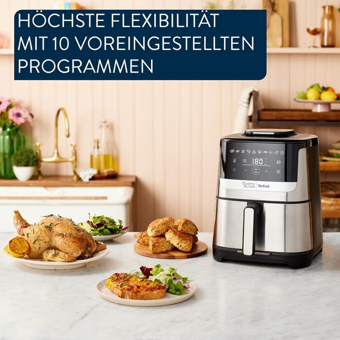 Аерофритюрниця Jamie Oliver by Tefal Easy Fry Silence Deluxe EY55JDE0, тиха, 5 л, 10 програм, цифровий сенсорний дисплей, з решіткою та кришкою, чорний/нержавіюча сталь