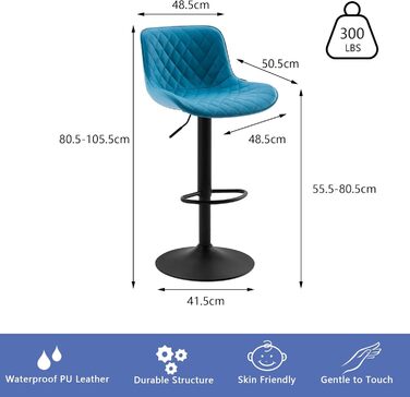 YOUNIKE Set of 2 Adjustable Bar Stools with Backrest - Modern Kitchen Counter Stools with PU Leather Upholstery, Swivel Metal Bar Chairs for Kitchen Counter/Island (Blue)