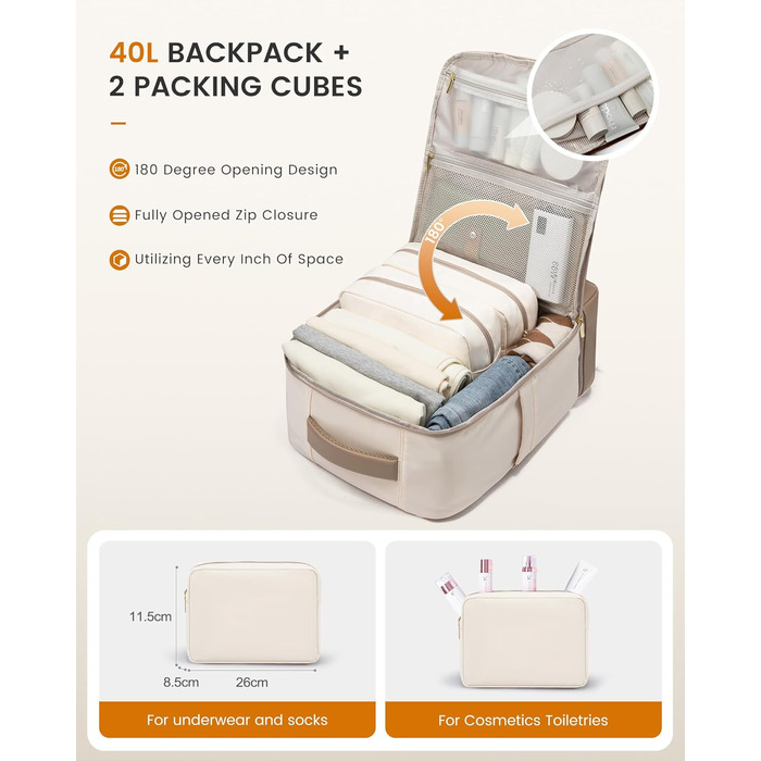 LOVEVOOK Рюкзак для ручної поклажі 40L з окремим відділенням для взуття, рюкзак-валіза для подорожей, жіночий, з відділенням для мокрого та сухого, 3 шт. (Бежевий, Хакі)