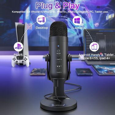 USB мікрофон Zealsound: конденсаторний мікрофон для ПК, телефону, PS4, PS5. Ідеально для геймінгу, подкастів, запису звуку, стрімінгу та ASMR. З регулюванням гучності та ефектом ехо. Сумісний з Mac, Windows. Чорний колір.
