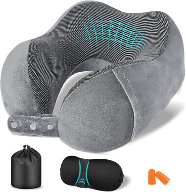 Подушка для шиї в літак, доросла, з піною Memory Foam, регульована, з вушкою та маскою для сну, чорна (сіра)