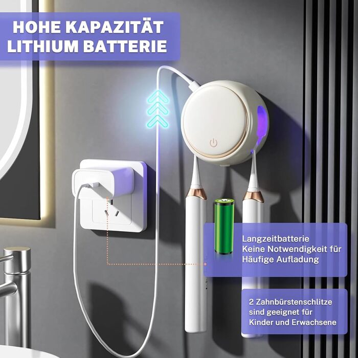 Maxspace UV Toothbrush Sterilizer, UV Disinfection Toothbrush Holder for Wall Mounting with Drying, Rechargeable Toothbrush Holder with 2 Toothbrush Compartments for Bathroom (White)