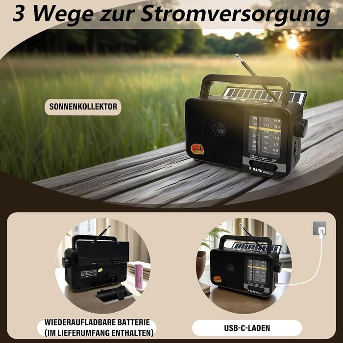 Радіо Bluetooth Klein з сонячною панеллю та акумулятором 1200mAh, AM/FM/SW приймач з 8W динаміком/TWS/USB/TF, радіо-кофеварка для кемпінгу, надзвичайних ситуацій та відпочинку на природі (Сірий/Чорний)