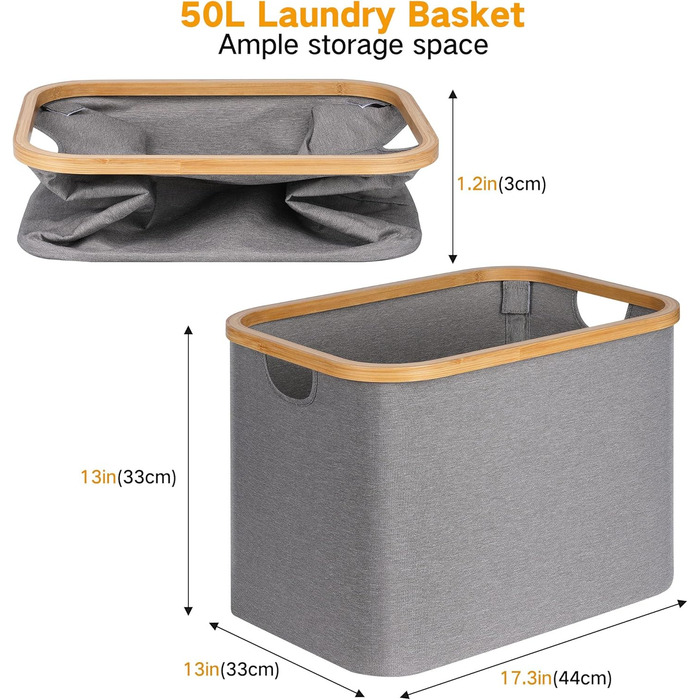 efluky Folding Laundry Basket 50L, Bamboo Fabric Folding Storage Basket, Collapsible Storage Basket, Laundry Baskets for Bedroom Bathroom (Gray)