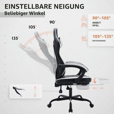 Ігрове крісло Gaming Chair з підставкою для ніг та ергономічною підтримкою попереку, регульована спинка 90-135°, офісний стілець (Blackwhite)