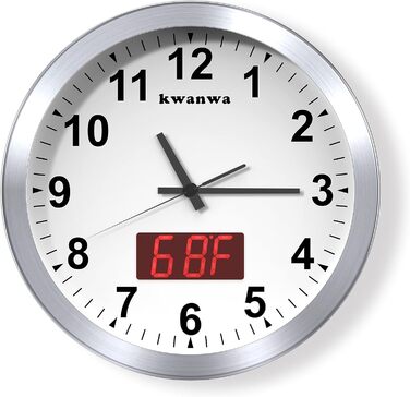 KWANWA Modern Wall Clock with No Ticking Sound • Digital LCD/LED Display • Calendar & Temperature • Battery Powered • 30.5cm • 12h Format, Perfect for Kitchen, Bedroom & Office (Silver Case, Red LED)