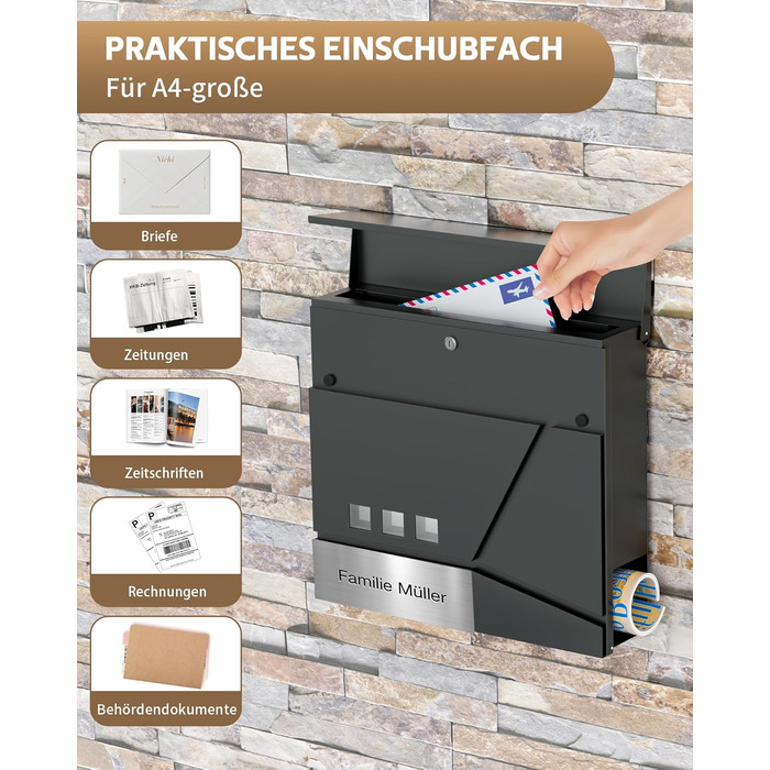 Поштовий ящик Anthrazit з нержавіючої сталі з відділенням для газет (37x37x10 см), персоналізований з табличкою для імені, стійкий до погодних умов, наклейки проти небажаної реклами, настінний поштовий ящик