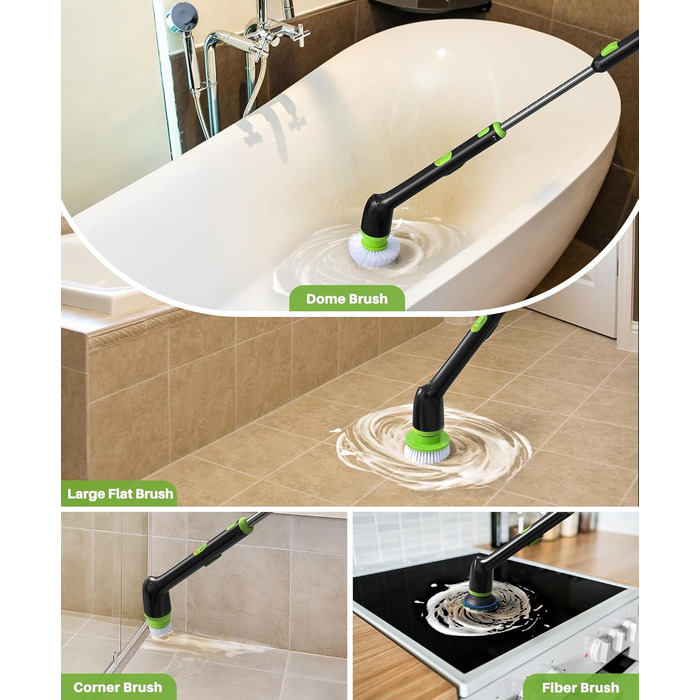 Електрична щітка для прибирання LyriFine, водонепроникна IPX7, з довгим руків'ям, 2 швидкості, змінна насадка, для ванної кімнати, білий (світло-зелений)