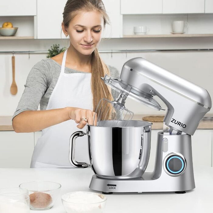 Stand Mixer 1300W Zurio 5.5L Stand Mixer/Kneader 10-Speed Robot Kneader with Quiet Dough Function, with Accessories Dough Hook, Whisk, Kneader Silver