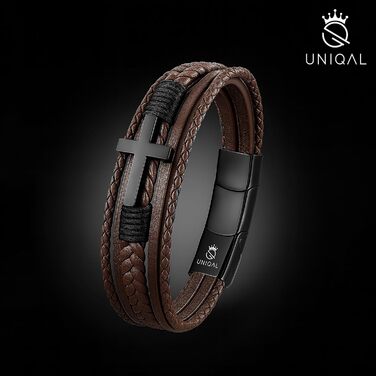 Чоловічий шкіряний браслет UNIQAL 'HEAVEN' з хрестом та магнітним замком, коричневий 19 см + подовжувач, в подарунковій коробці
