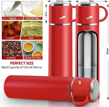 Термос IAGORYUE з нержавіючої сталі, 0.55л, з виливним кришкою та ручкою, подвійні стінки, зберігає тепло/холод до 12 годин, для спорту, офісу, відпочинку на природі (червоний)