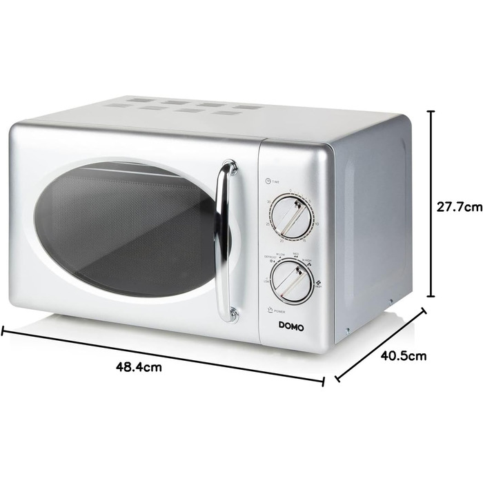 Мікрохвильова піч DOMO DO3125 Retro, 25L, 900W, білий/сріблястий, 6 рівнів потужності, таймер до 30 хв, функція розморожування, звуковий сигнал