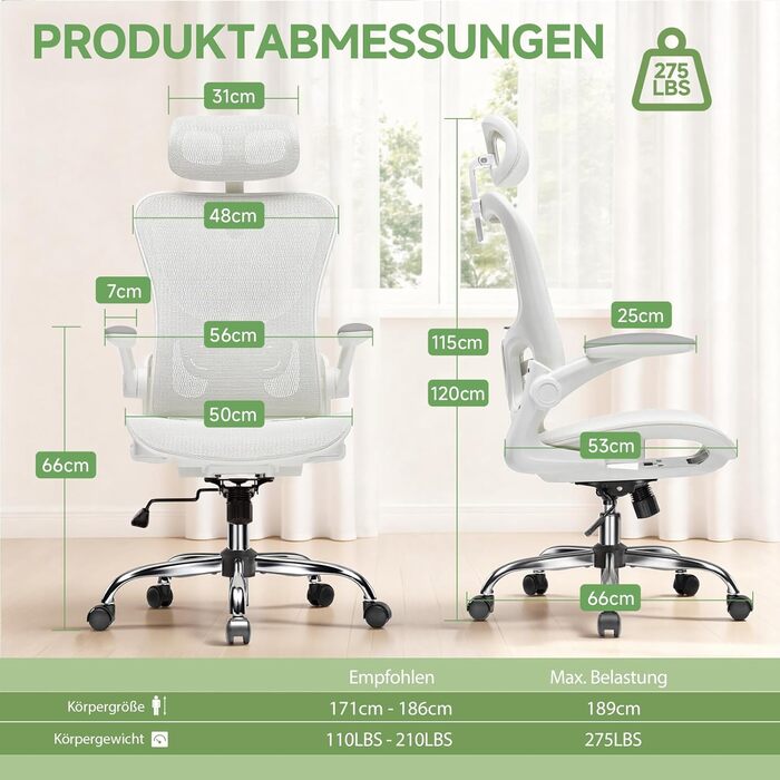 Офісне крісло GTPLAYER Ergonomisch - регульована спинка, підлокітники, поперекова підтримка, функція гойдання, дихаюча сітка, 150 кг (Білий)