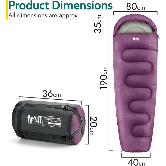 Спальний мішок для дорослих Trail 3 сезони – для кемпінгу, піших прогулянок, подорожей – 300 GSM – з внутрішніми кишенями – фіолетовий