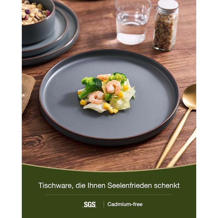 Набір посуду Mercury, 12 предметів: тарілки для 4 осіб (тарілки для їжі, десертні тарілки, миски для каші), з каменю, підходить для мікрохвильової печі та миття в посудомийній машині, колір: вугільно-сірий