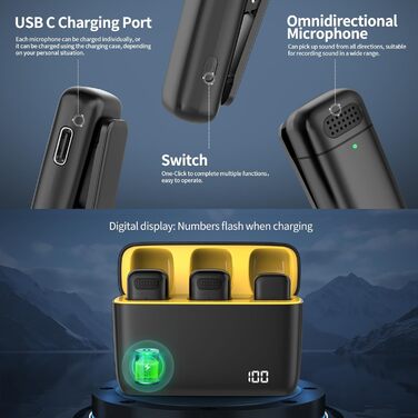 Бездротове мікрофон з кейсом для зарядки iPhone, iPad, Android, USB-C. Лавалерний мікрофон з шумозаглушенням для запису, YouTube, Facebook, TikTok, Vlog, Livestream, Plug and Play